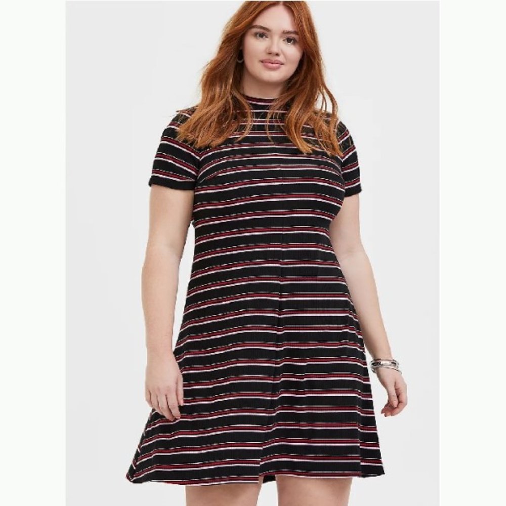 Torrid woman's plus size black multi stripe rib mock neck trapeze dress 5X - Picture 1 of 12